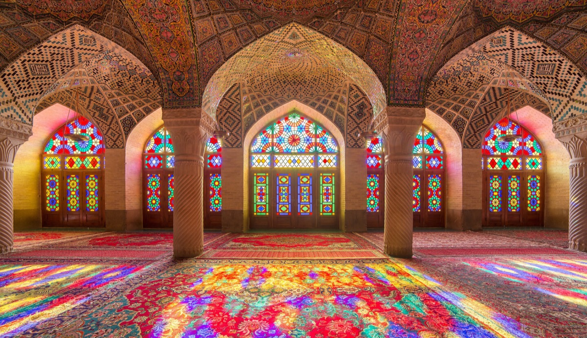 Illuminated interior of a mosque